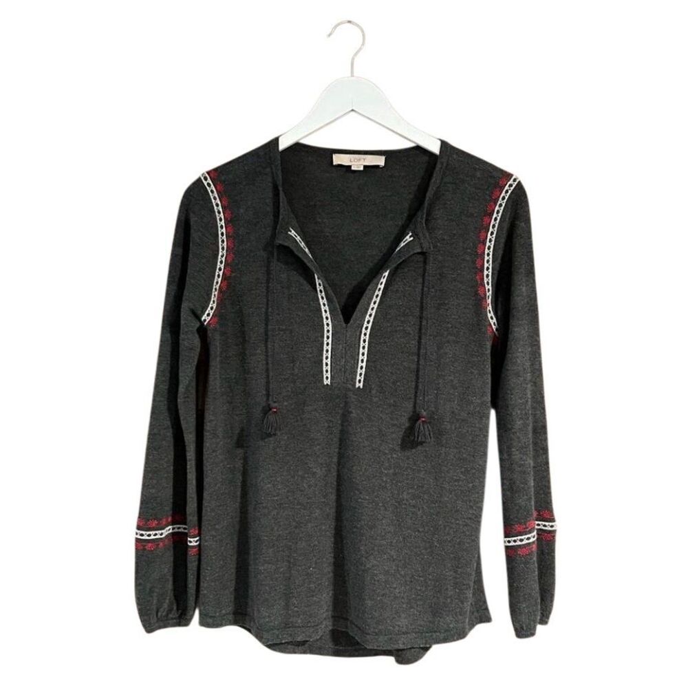 Loft long sleeve charcoal gray tassle tie top with embroidered trim - S
